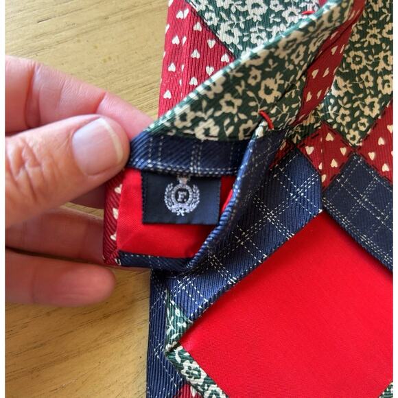 Patchwork silk tie  Faconnable  Blue Red Green Plaid Woven Made in France Hearts - Picture 4 of 5